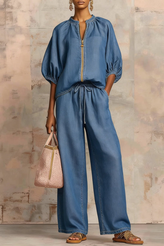 Summer Women's Casual Loose Solid Color Zipper Round Neck Wide Leg Pants Set 