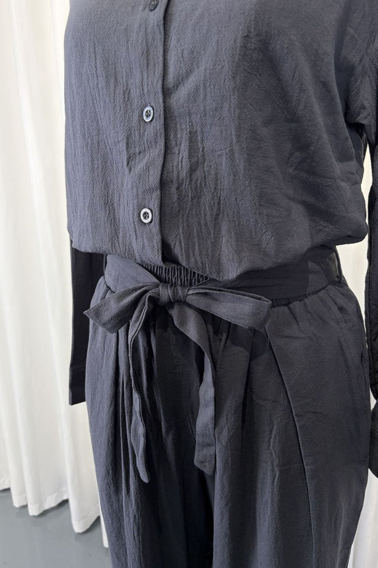 Linen-Look Shirt & Wide-Leg Trouser Set | Drawstring Waist 2-Piece | Gray 