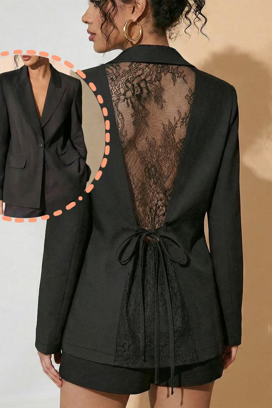 New high-end back thin lace see through strap waist cinching suit jacket women's black suit jacket 