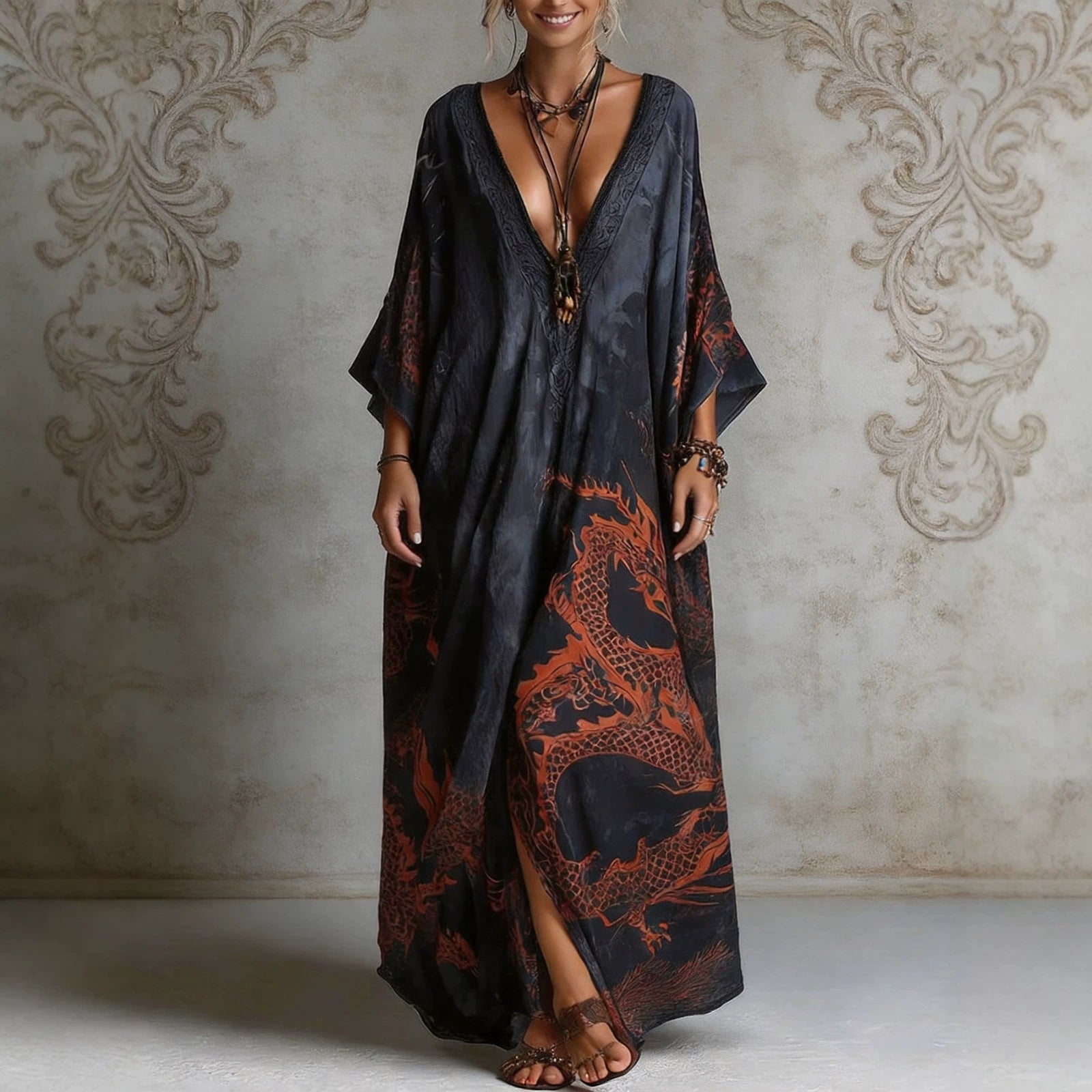 Dragon print beach vacation long dress outerwear 