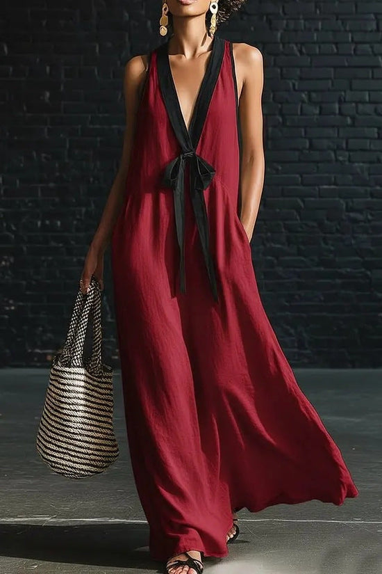 V-neck Strapless Sleeveless Resort-Style Long Simple Elegant Dress 