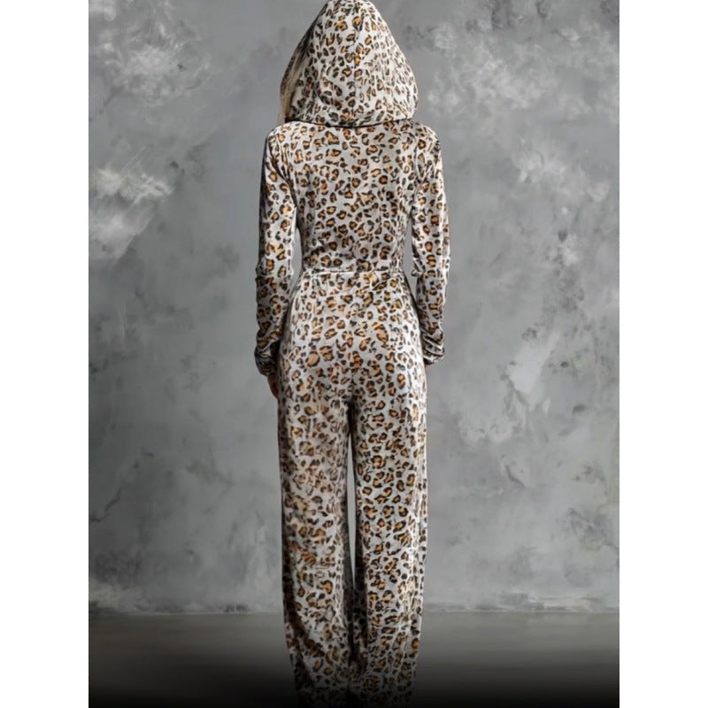 Leopard Print Long Sleeve Hooded Loose Fit Wide Leg Jumpsuit 
