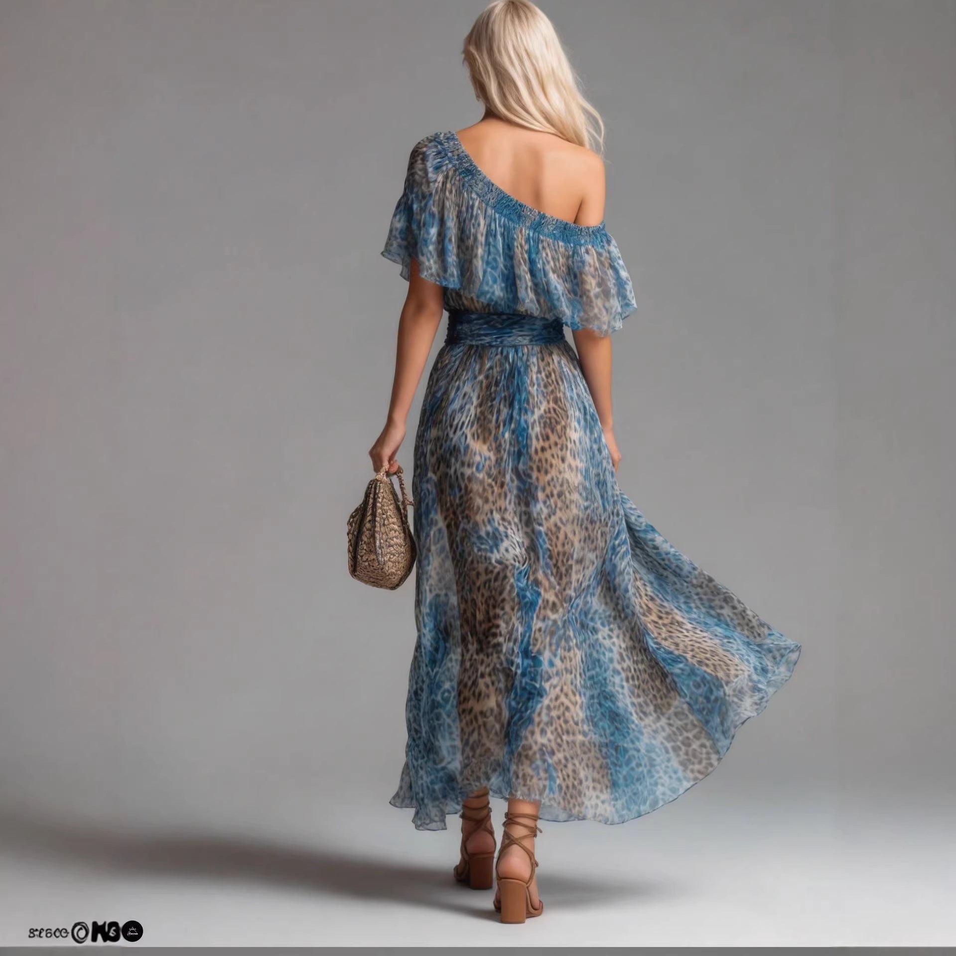 Leopard Print Chiffon Dress with Asymmetrical Shoulder, Ruffle, Waist Cinching, Vacation Long Dress 