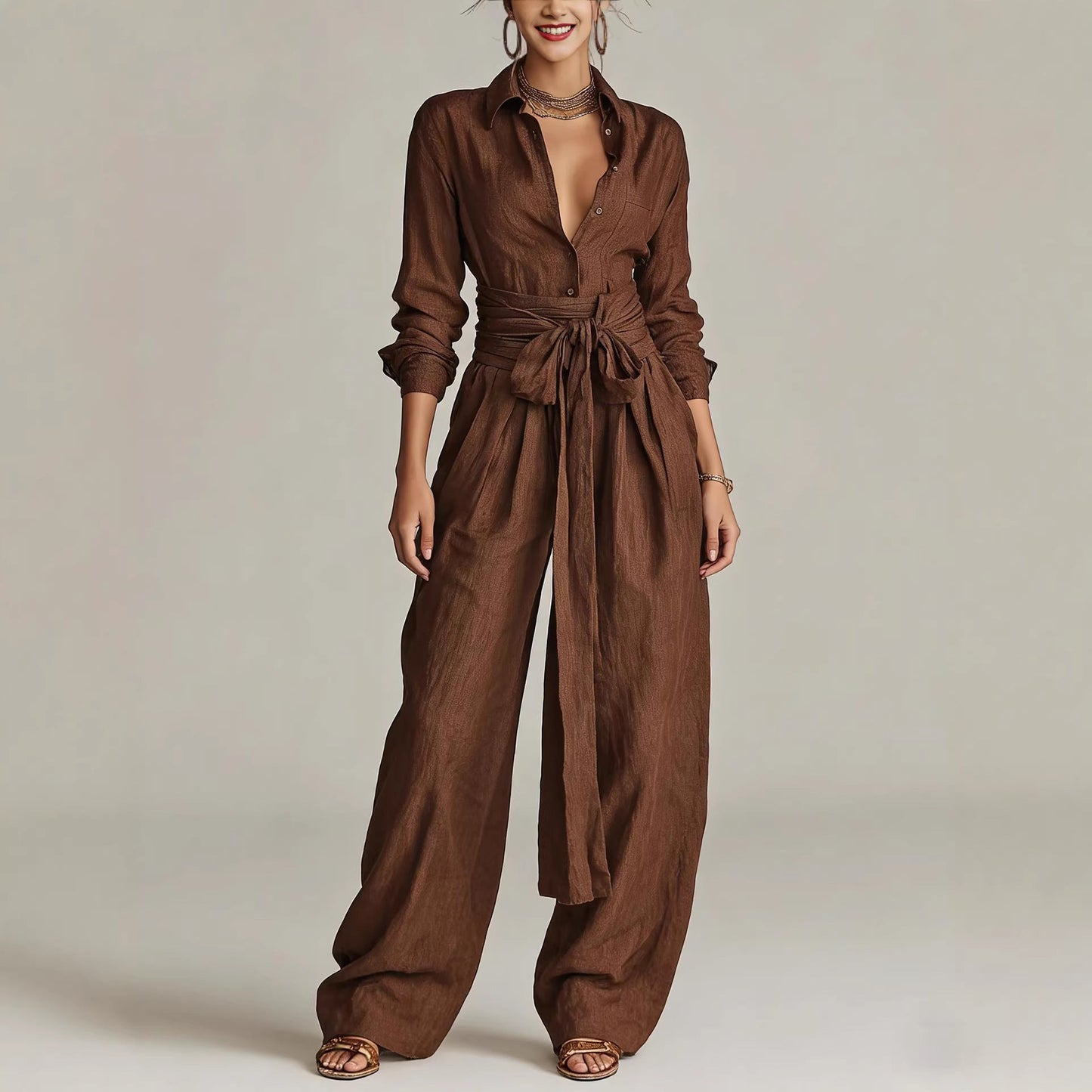 Solid color collar top high waisted pants two-piece set 