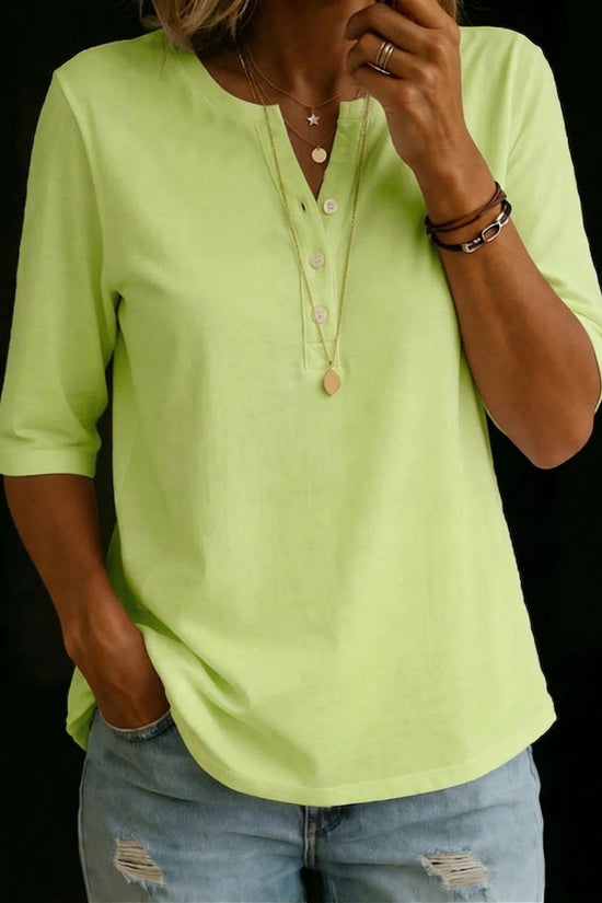Classic Henley Neck Style Spring Summer New Women's Solid Color Button-Up Top 