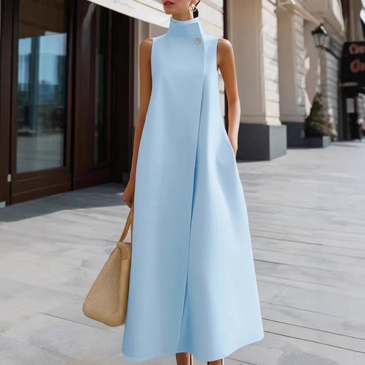 Elegant Sleeveless Long Dress with Stand Collar and Single Button Office Wear, Casual Fashion 