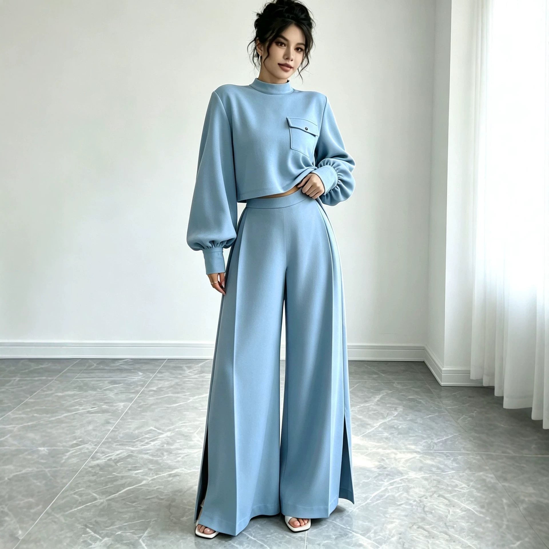 Solid color wide leg pants set for women 