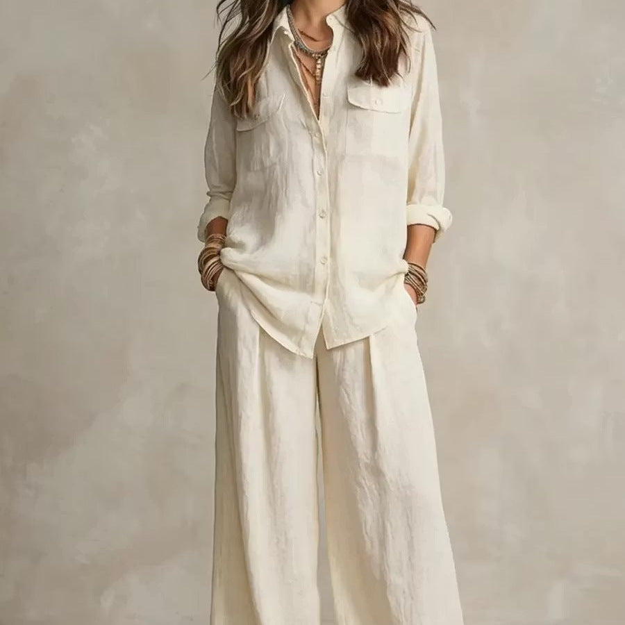 Chic Linen Set for Women, Breathable Lightweight Long Sleeve Shirt with Drapey Wide-Leg Pants, Vacation Style Casual Outfit 