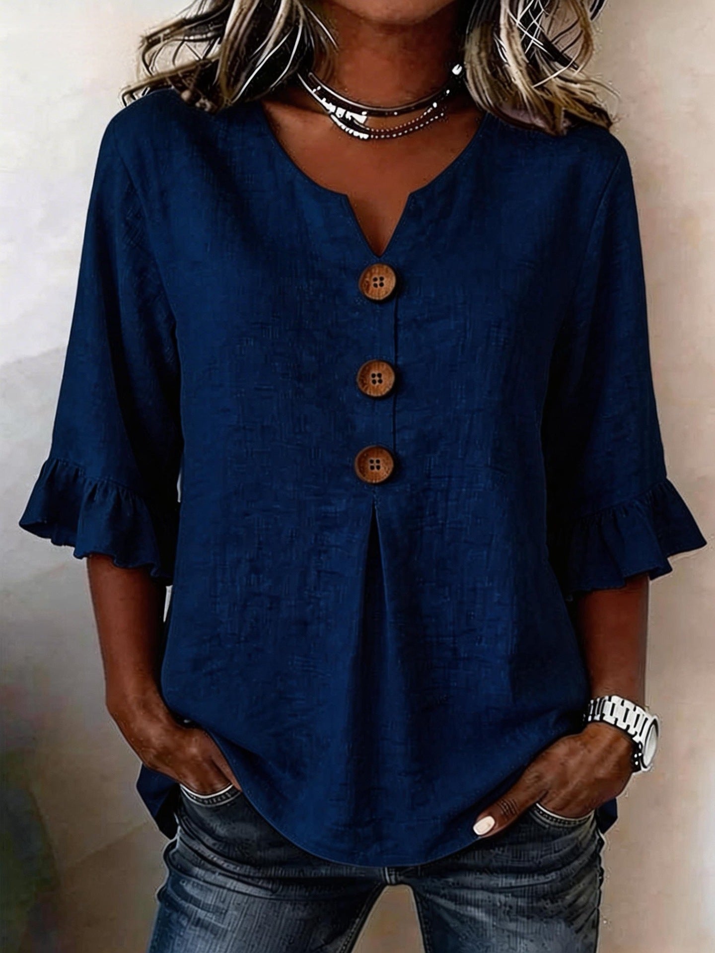 Fashionable Cotton Linen V-Neck Button-Up Blouse for Women Summer Casual Top 