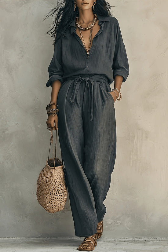 2-piece set fashion casual button-up collar shirt with loose pants and belt 