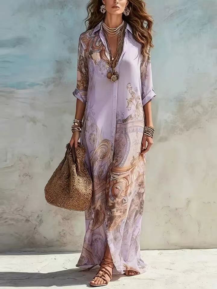 Chiffon Digital Print Fresh Vintage Flowy Women's Dress 
