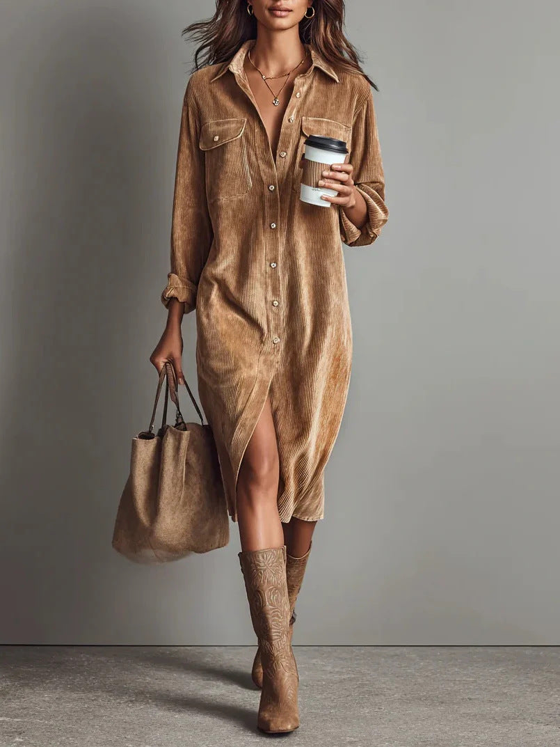 Classic Solid Color Corduroy Long Sleeve Turn-down Collar Shirt Loose Long Dress 