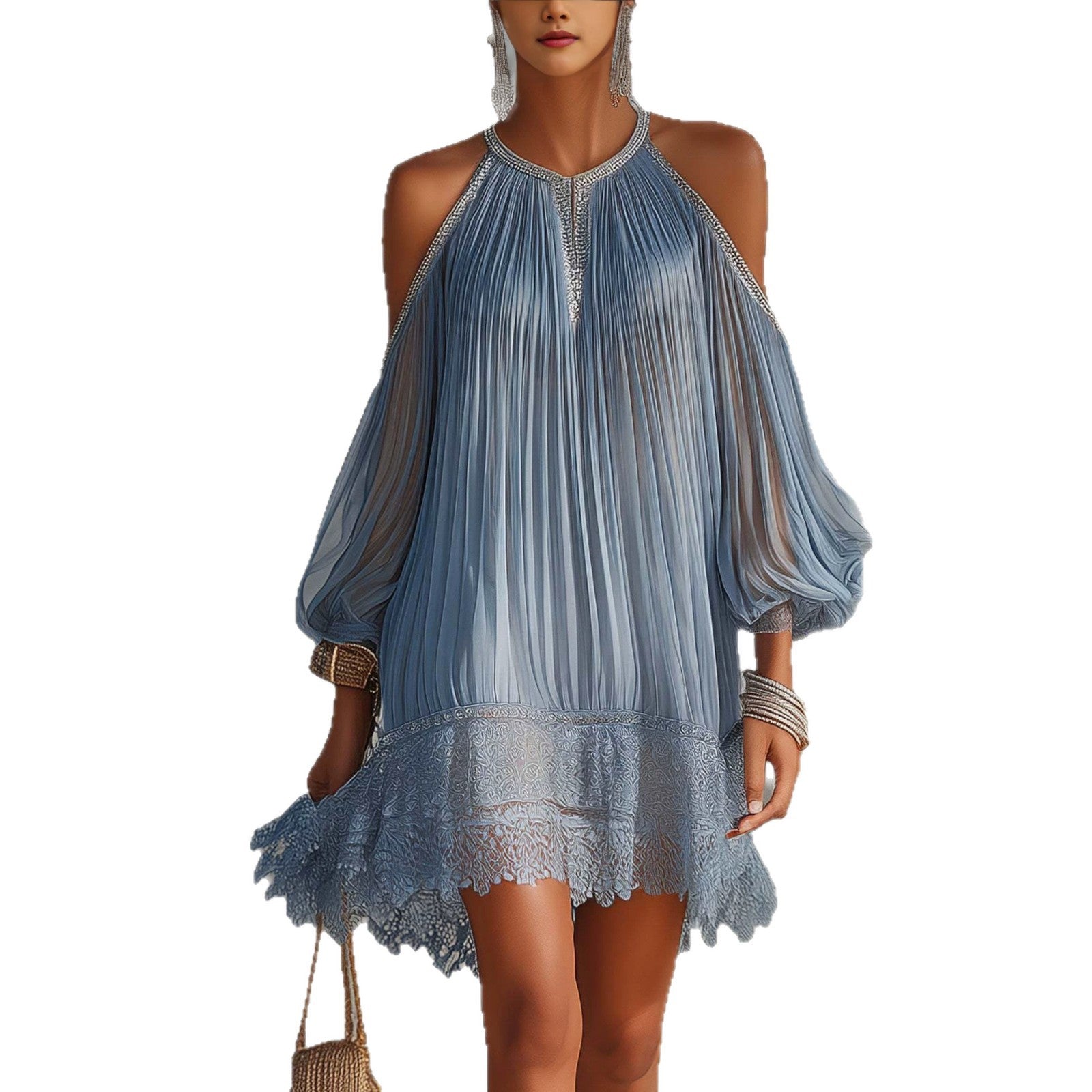 Flared Chiffon Dress with Ruffles and Lace Hem, Loose Fit with Bubble Sleeves, Vacation Beach Skirt 