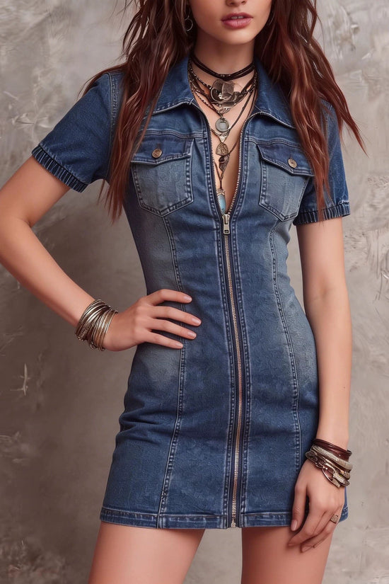 Fashion Elastic Fitted Denim Dress with Sexy Zipper Pocket Design Short Dress 