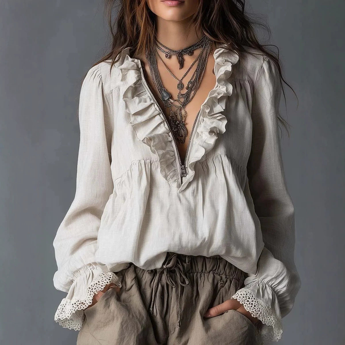 Lotus leaf edge half zipper V-neck lace flared sleeve long sleeved top 