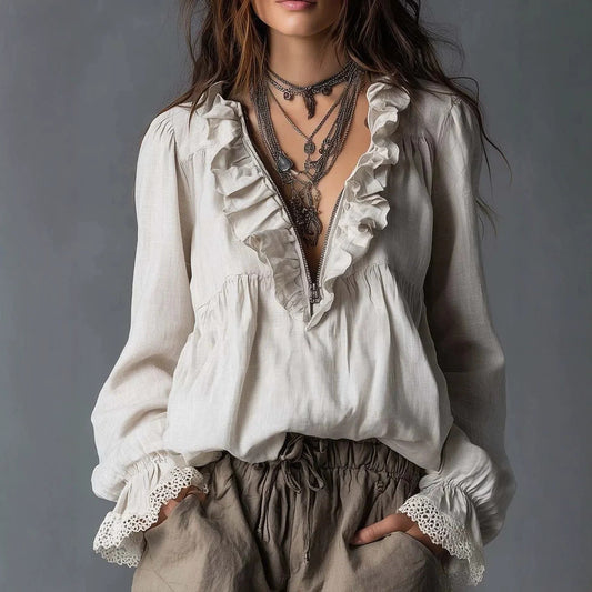 Lotus leaf edge half zipper V-neck lace flared sleeve long sleeved top 