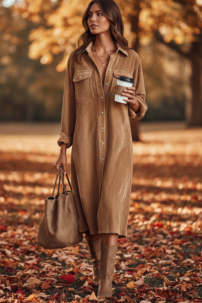 Classic Solid Color Corduroy Long Sleeve Turn-down Collar Shirt Loose Long Dress 
