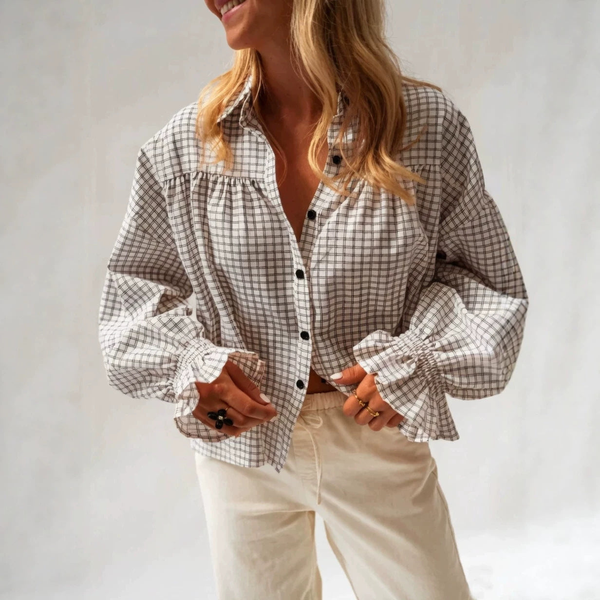 Style new women's flared sleeve plaid long sleeve shirt 