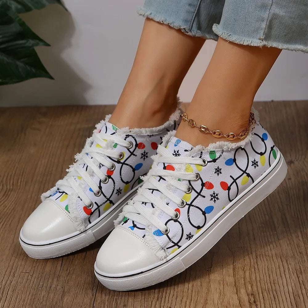 Raw Hem Printed Round Toe Sneakers 