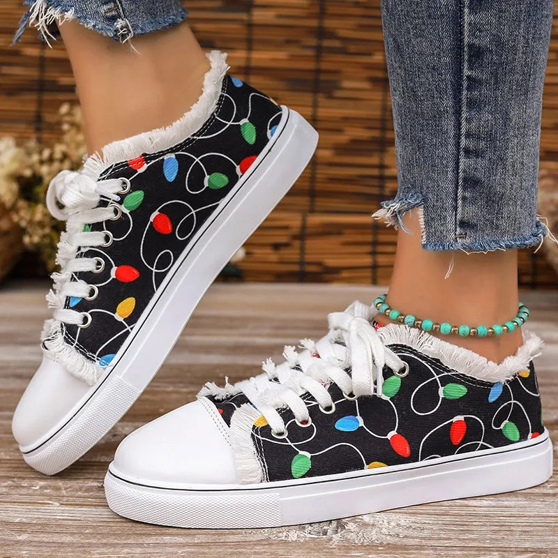 Raw Hem Printed Round Toe Sneakers 