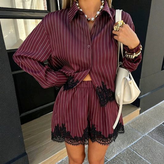 Women's striped shirt drawstring shorts set 