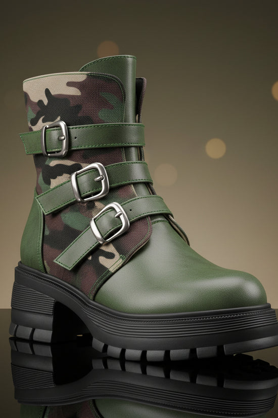 High Heel Thick Sole Belt Buckle Camouflage Low Cut Women's Boots Fashionable Large Made to order, ships in 7 days 