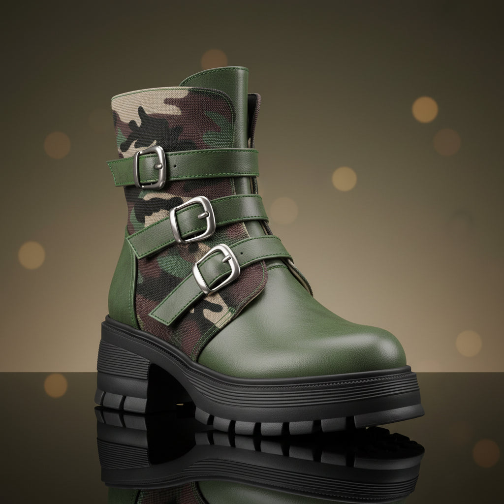 High Heel Thick Sole Belt Buckle Camouflage Low Cut Women's Boots Fashionable Large Made to order, ships in 7 days 