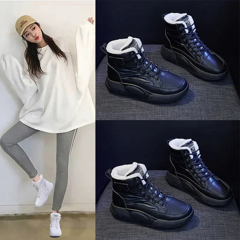 Snow Boots Women Non-slip Sneakers Winter Warm Fashion Lace Up Round Toe Thick Sole Plush Sport Cotton Shoes Short Boots 