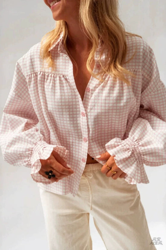Style new women's flared sleeve plaid long sleeve shirt 