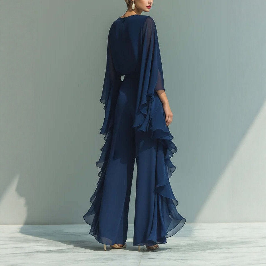 Deep Blue Ruffle Wide-Leg Pants Set for Women, Fashion Elegant Two-Piece Long Sleeve Casual Pants 