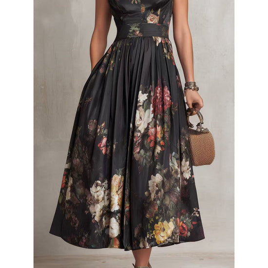Sleeveless black three-dimensional floral print long skirt slim fit dress 