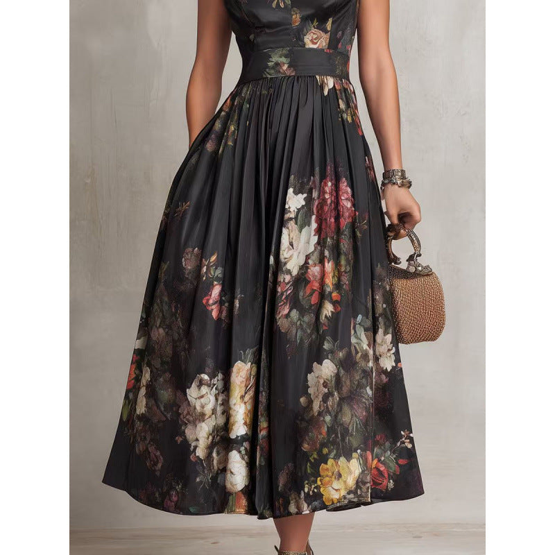 Sleeveless black three-dimensional floral print long skirt slim fit dress 