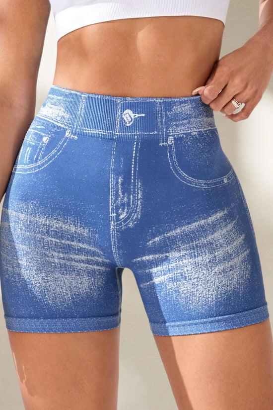 Denim Seamless Yoga Shorts for Women, Back V-Waist Hip-Lifting Quick-Dry Fitted Running Fitness Shorts
