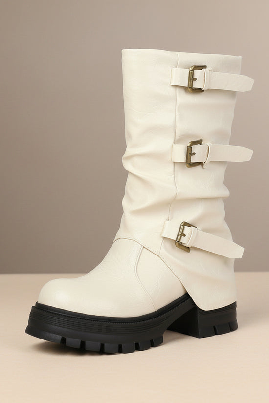 Thick Heel High Heel Women's Short Boots with Belt Buckle Slip-On Tube Boots 