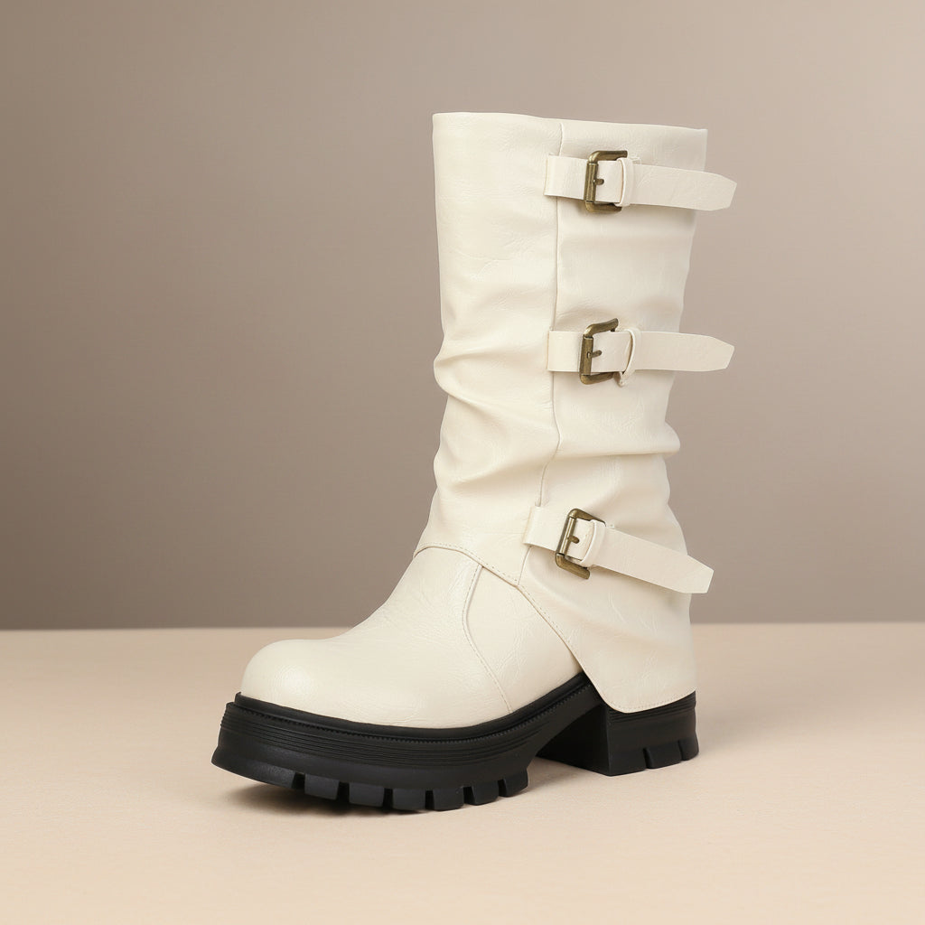 Thick Heel High Heel Women's Short Boots with Belt Buckle Slip-On Tube Boots 