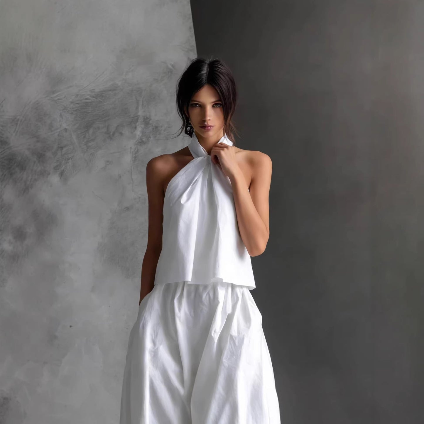 Loose Sleeveless Top High-Waisted Wide-Leg Pants Two-Piece Set for Women 