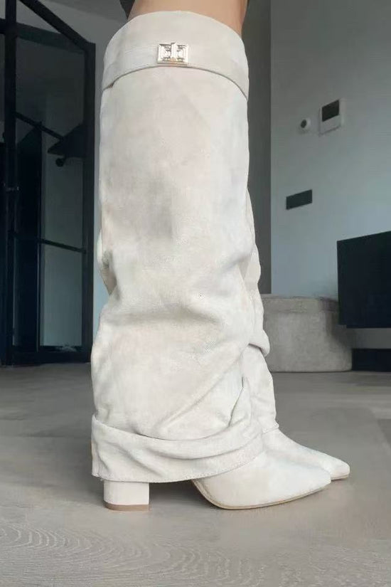 Pointed Toe Straight Tube Pleated Metal Buckle Mid-Calf Boots for Women, Chunky Heel Pipe Boots, Wide Size Available 