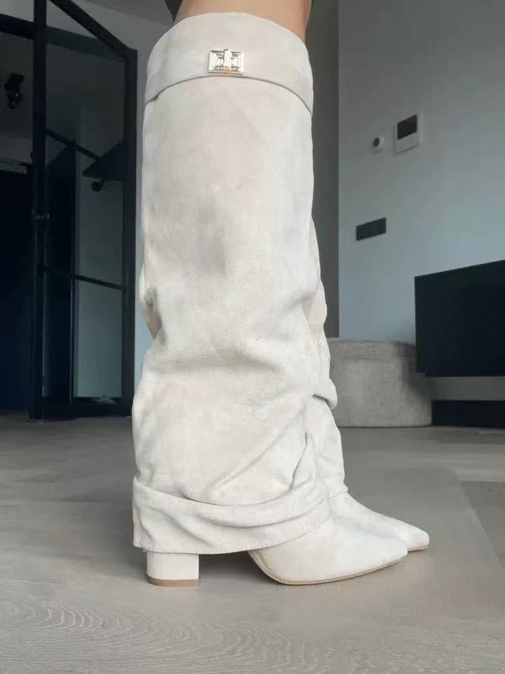Pointed Toe Straight Tube Pleated Metal Buckle Mid-Calf Boots for Women, Chunky Heel Pipe Boots, Wide Size Available 