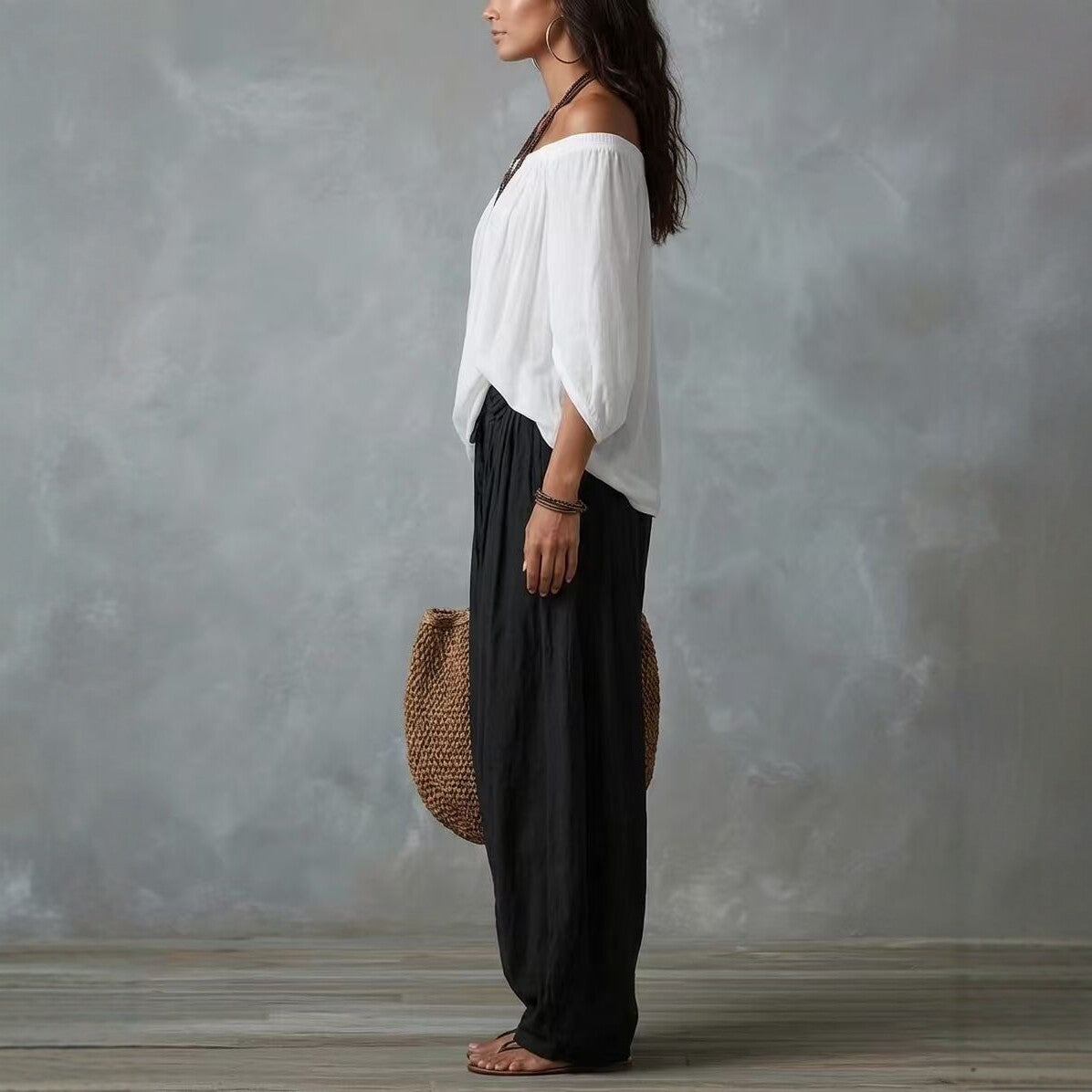 Fashion One-Shoulder T-Shirt with Wide-Leg Pants Set for Women, Elegant Two-Piece Long Sleeve Casual Outfit 