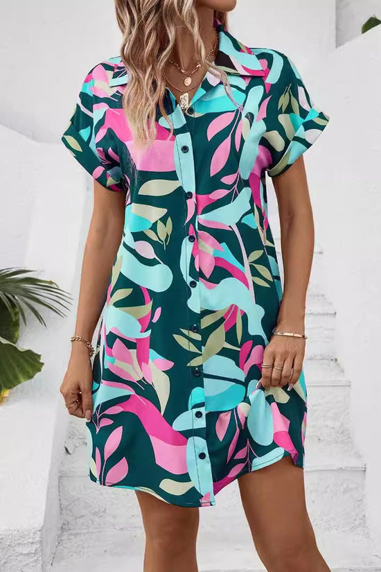 Summer New Fashion Colorful Floral Printed Open Front Short Sleeve Shirt Dress 