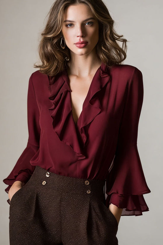 Charming Ruffle Blouse for Women, V-Neck Long Sleeve Shirt Elegant Style Feminine Top 