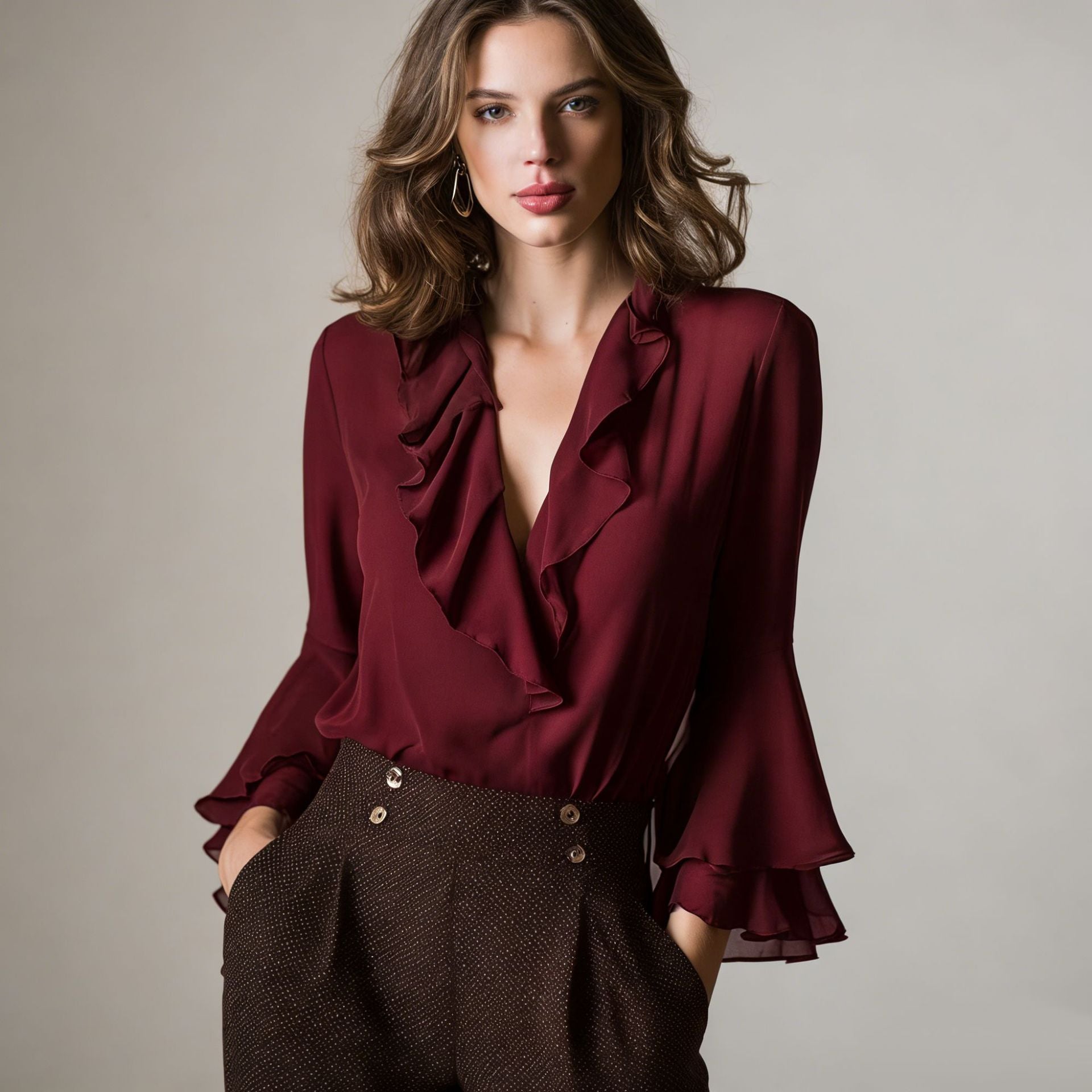 Charming Ruffle Blouse for Women, V-Neck Long Sleeve Shirt Elegant Style Feminine Top 