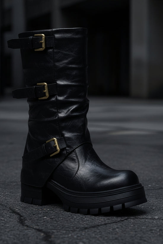 Thick Heel High Heel Women's Short Boots with Belt Buckle Slip-On Tube Boots 