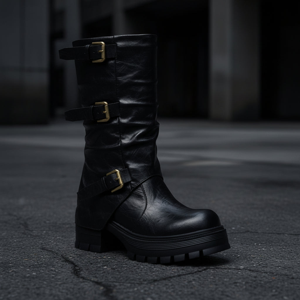 Thick Heel High Heel Women's Short Boots with Belt Buckle Slip-On Tube Boots 