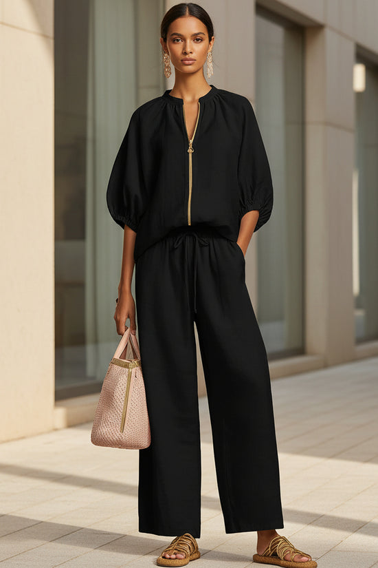 Summer Women's Casual Loose Solid Color Zipper Round Neck Wide Leg Pants Set 