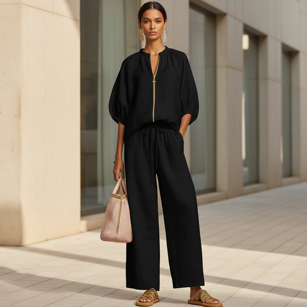 Summer Women's Casual Loose Solid Color Zipper Round Neck Wide Leg Pants Set 