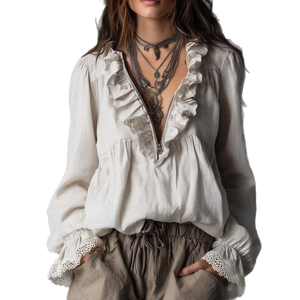 Lotus leaf edge half zipper V-neck lace flared sleeve long sleeved top 