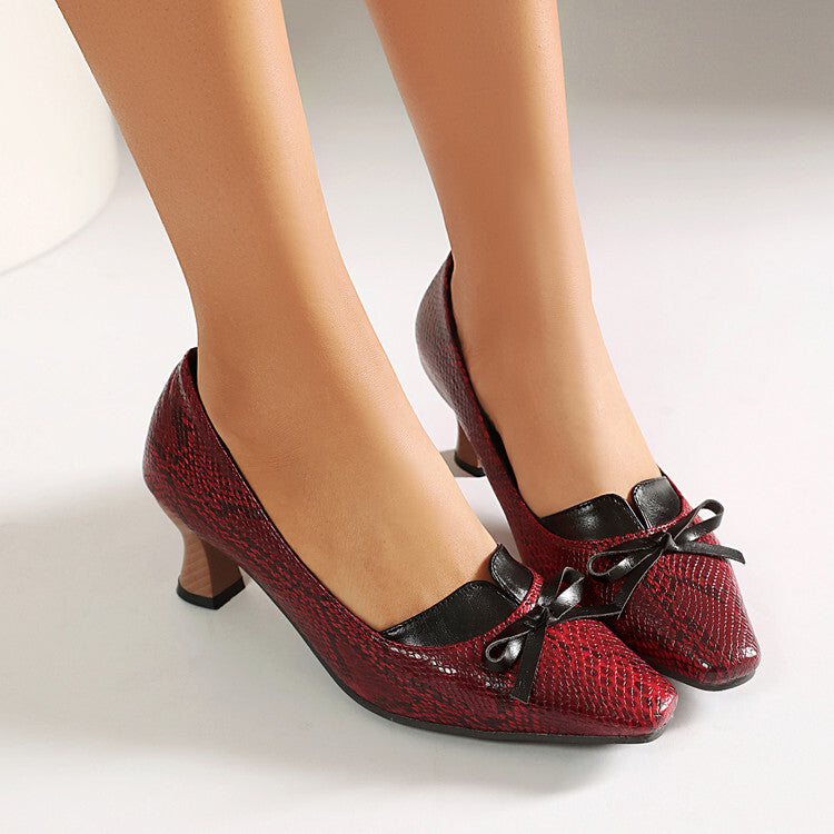 Leopard print square toe high-heeled women's retro shallow bow single shoes Made to order, ships in 7 days 