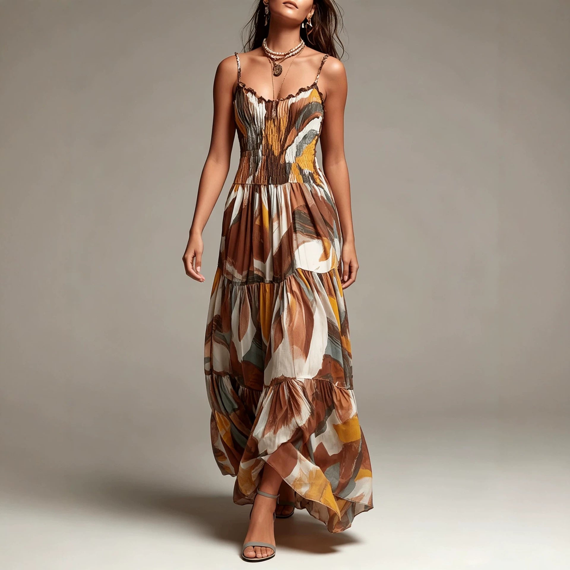 Thin shoulder strap pleated waist pocket dress 