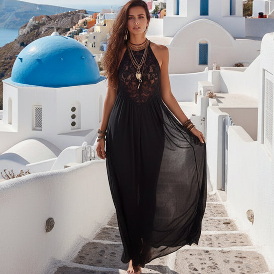 Style Black Lace Trim Sleeveless Long Dress Loose Vacation Style Maxi Dress Lace Dress 